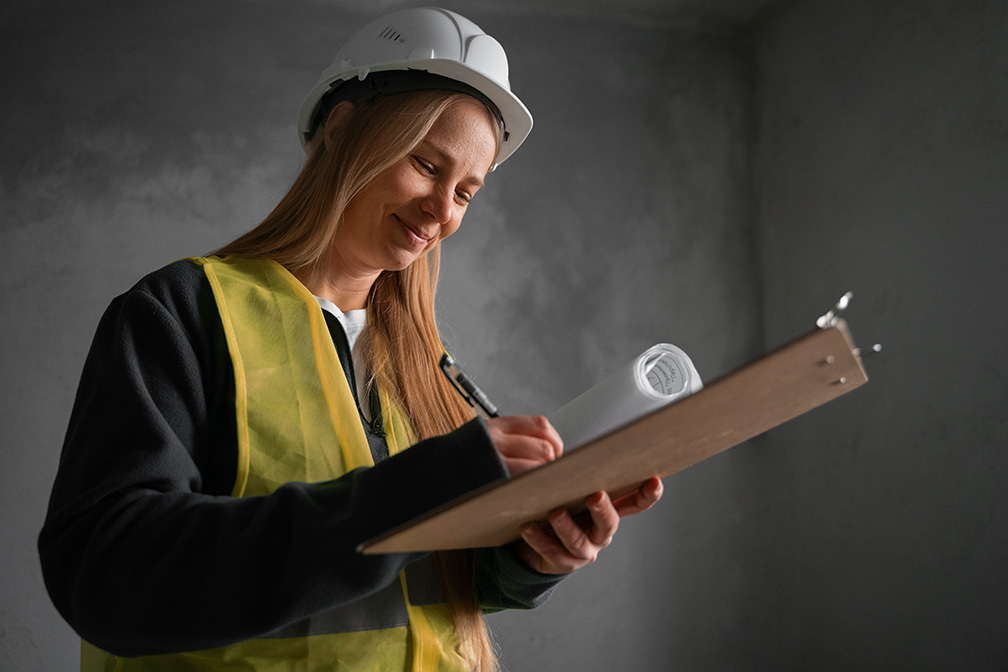 Técnica inspeccionando una vivienda para la cédula de habitabilidad